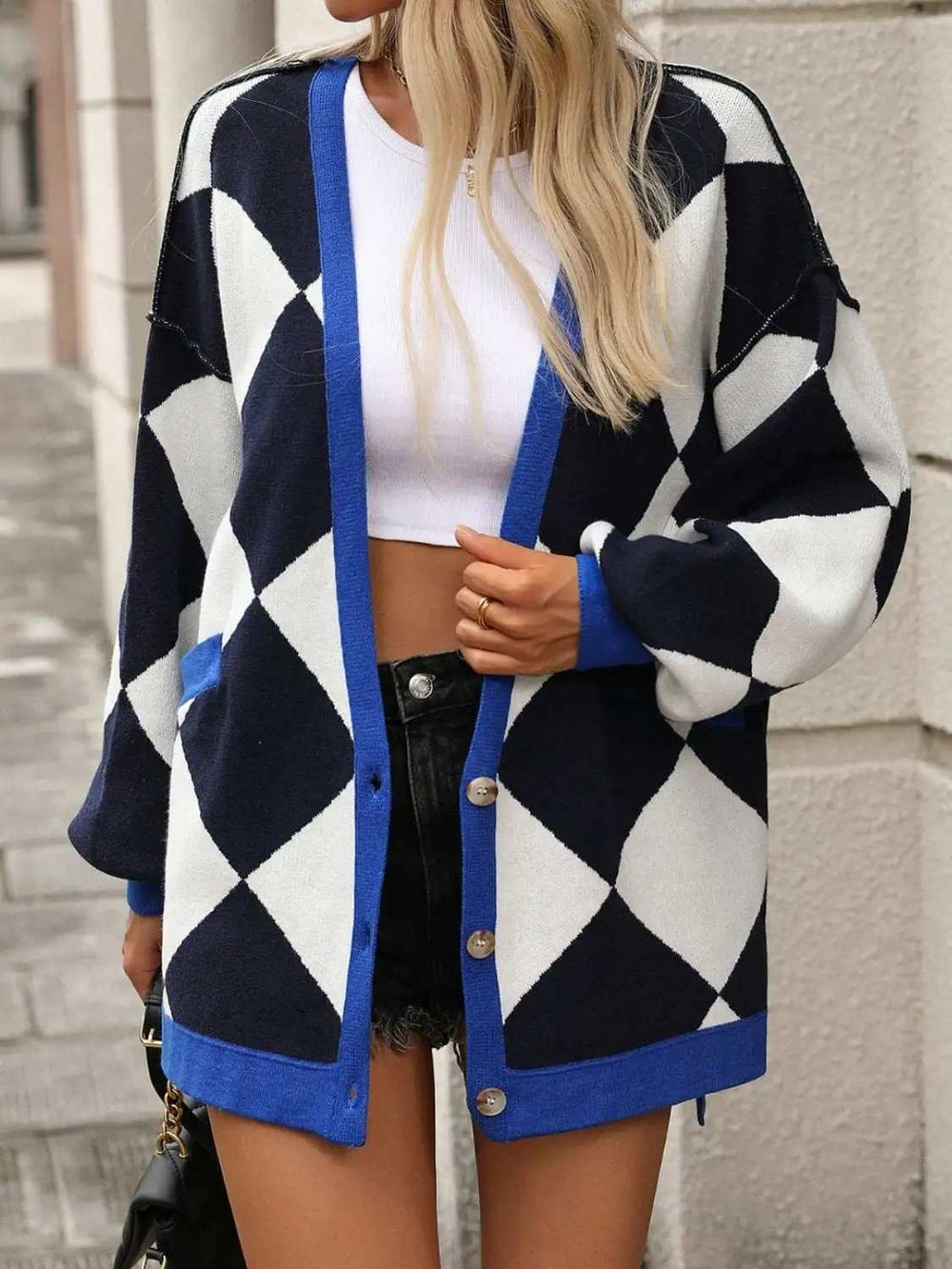 Checkered Dropped Shoulder Long Sleeve Cardigan - Trendsi - Flyclothing LLC