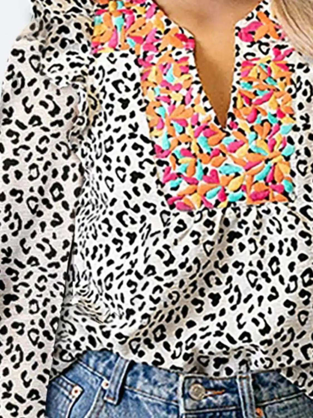 Ruffled Leopard Notched Long Sleeve Blouse - Trendsi - Flyclothing LLC
