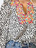 Ruffled Leopard Notched Long Sleeve Blouse - Trendsi - Flyclothing LLC