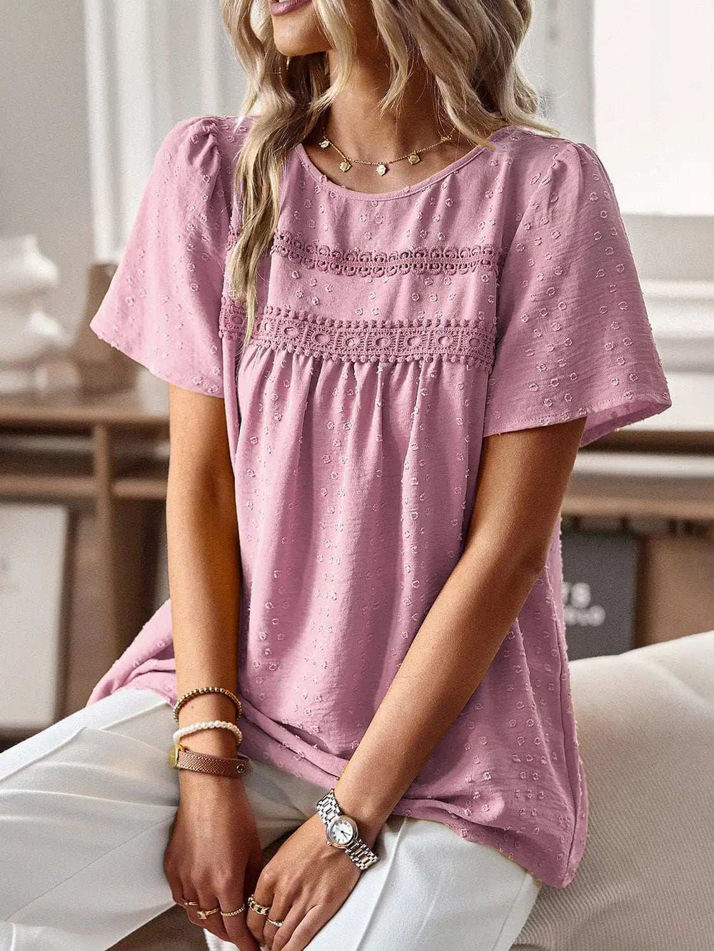 Lace Detail Round Neck Short Sleeve Blouse - Trendsi - Flyclothing LLC