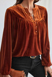 Notched Long Sleeve Velvet Top - Trendsi - Flyclothing LLC