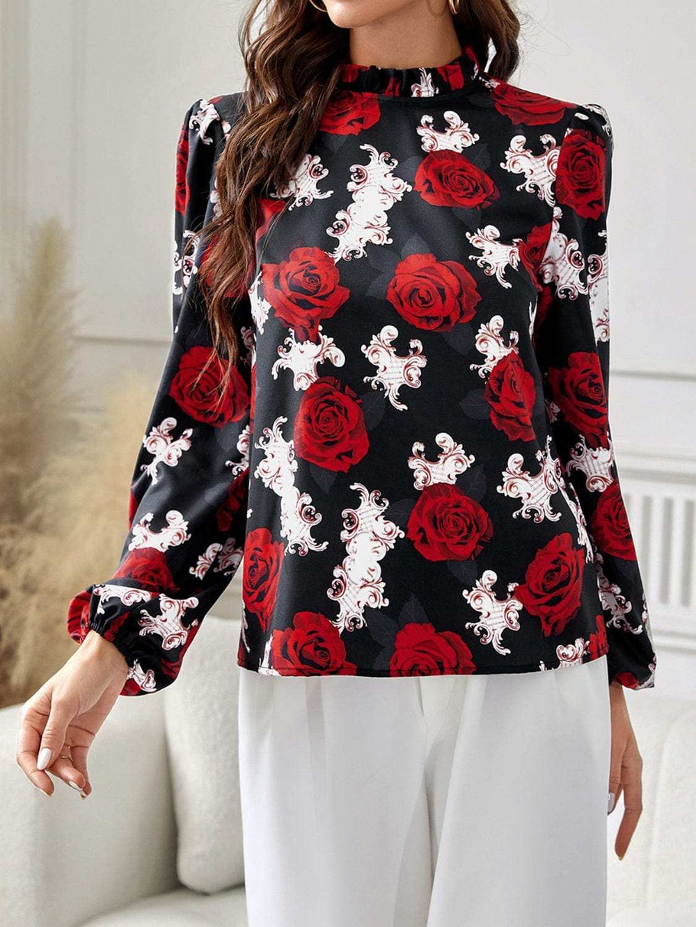 Frill Floral Mock Neck Long Sleeve Top - Trendsi - Flyclothing LLC