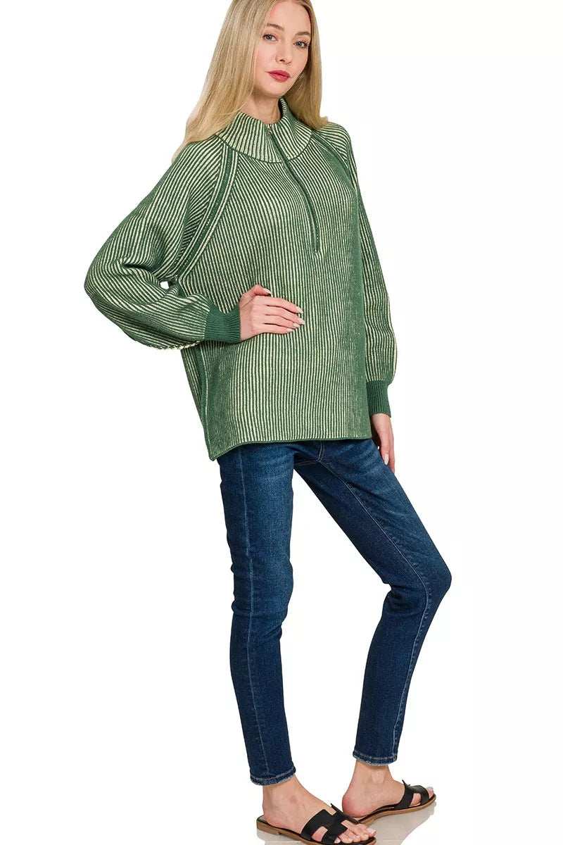 Zenana Ribbed Two Tone Half Zip Sweater - Trendsi - Flyclothing LLC