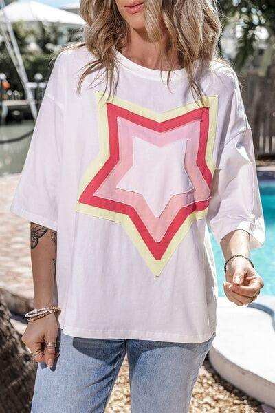 Color Block Star Patched Oversized T-Shirt - Trendsi - Flyclothing LLC