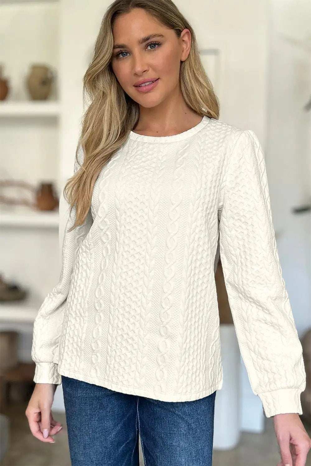 Textured Round Neck Long Sleeve Sweatshirt - Trendsi - Flyclothing LLC
