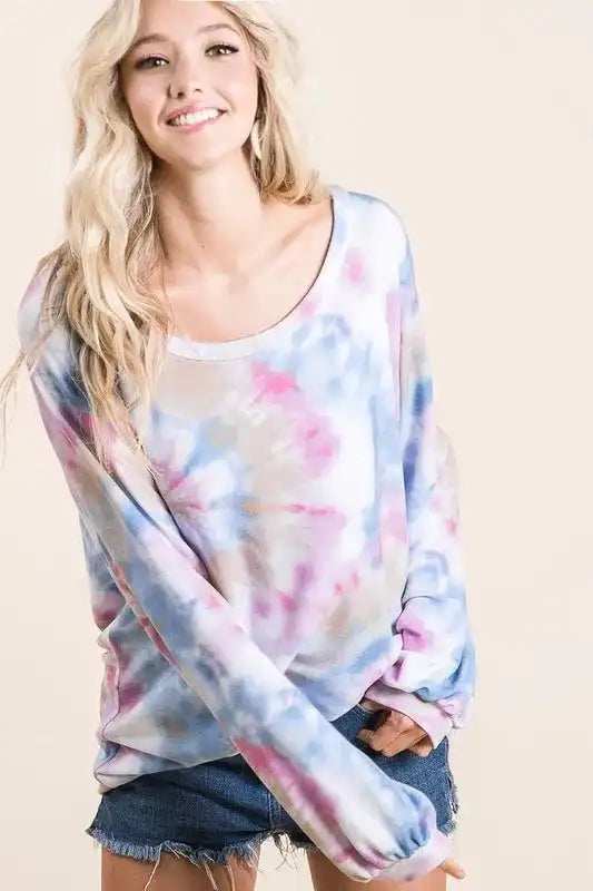 BiBi Tie Dye Print Terry Top With Puff Sleeves - Trendsi - Flyclothing LLC