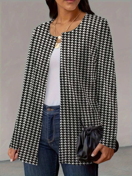 Houndstooth Open Front Long Sleeve Jacket - Trendsi - Flyclothing LLC