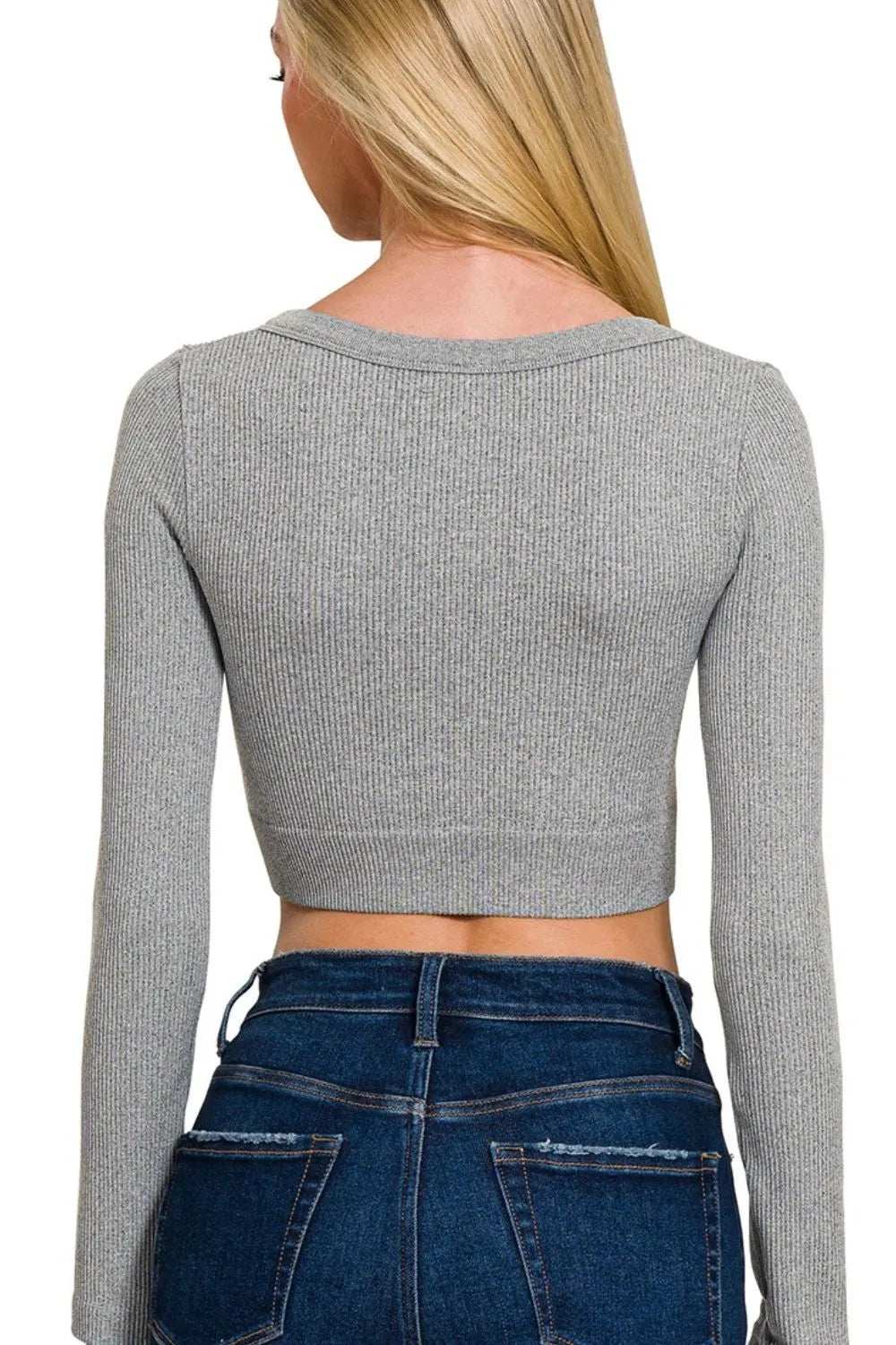 Zenana Seamless Fitted Rib V-neck Long Sleeve Crop Top - Trendsi - Flyclothing LLC