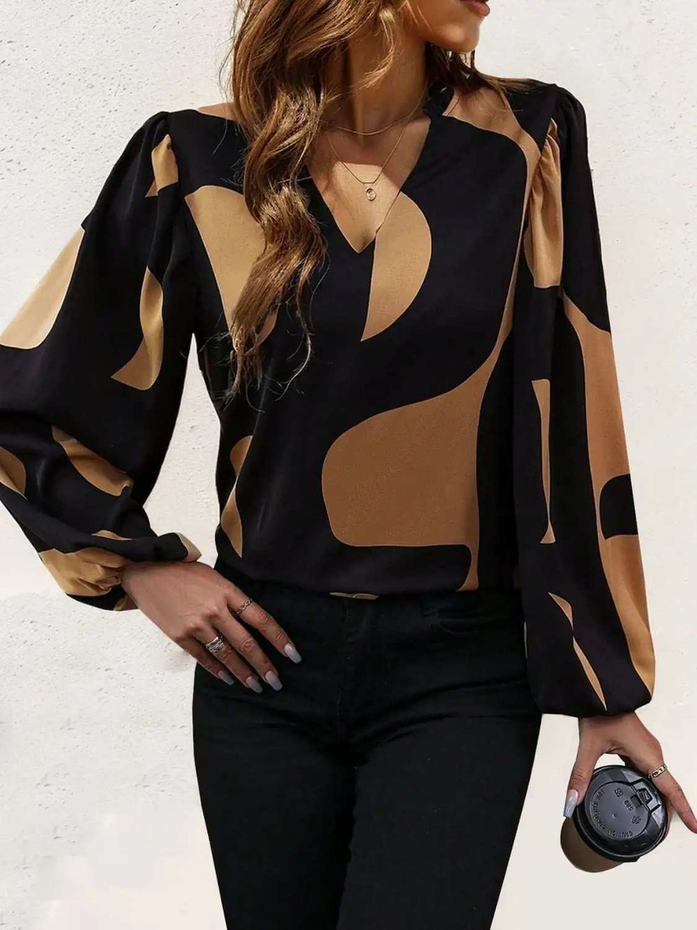 Frill Notched Long Sleeve Blouse - Trendsi - Flyclothing LLC