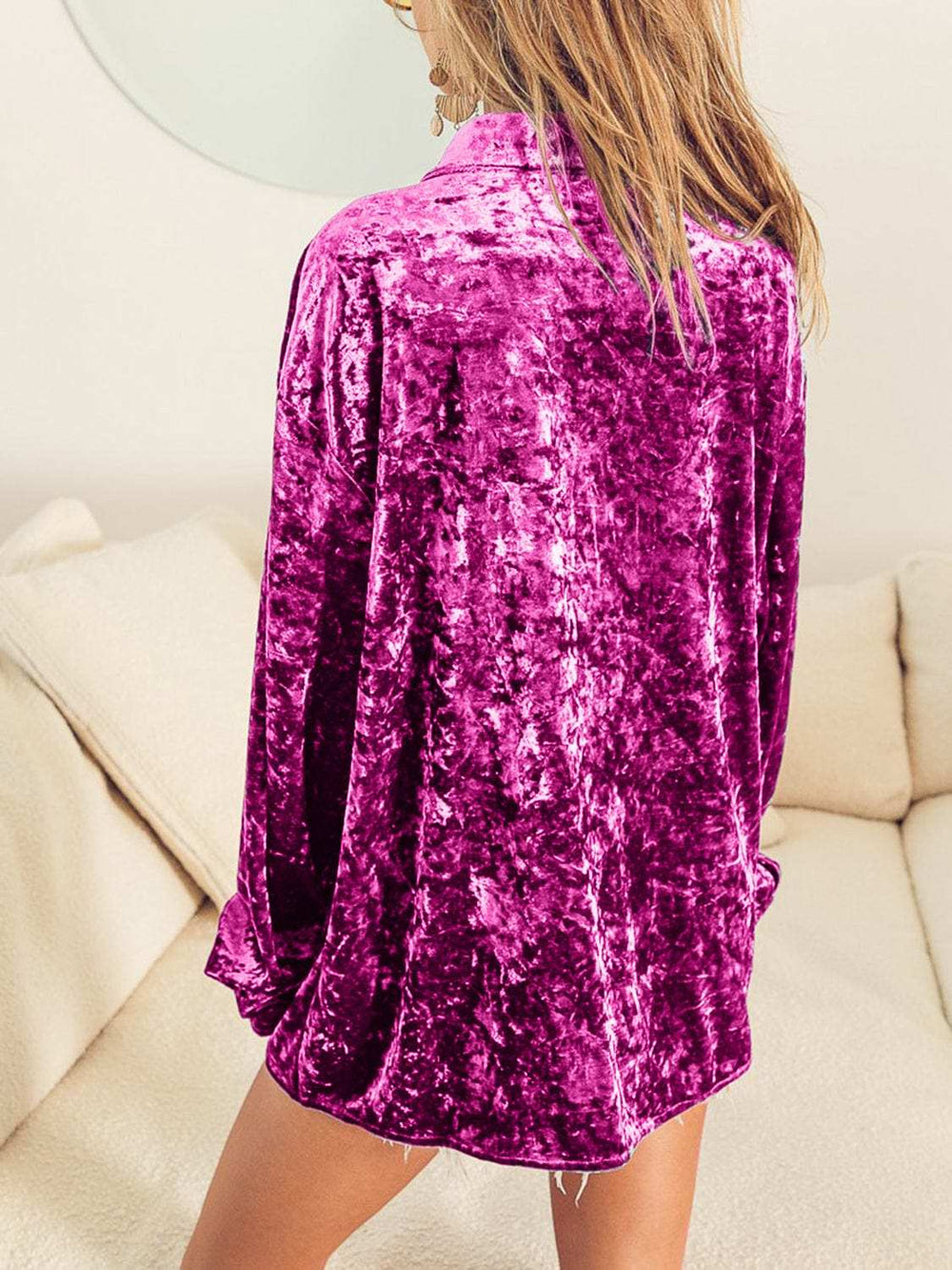 Collared Neck Long Sleeve Velvet Shirt - Trendsi - Flyclothing LLC