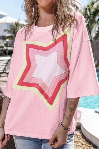 Color Block Star Patched Oversized T-Shirt - Trendsi - Flyclothing LLC