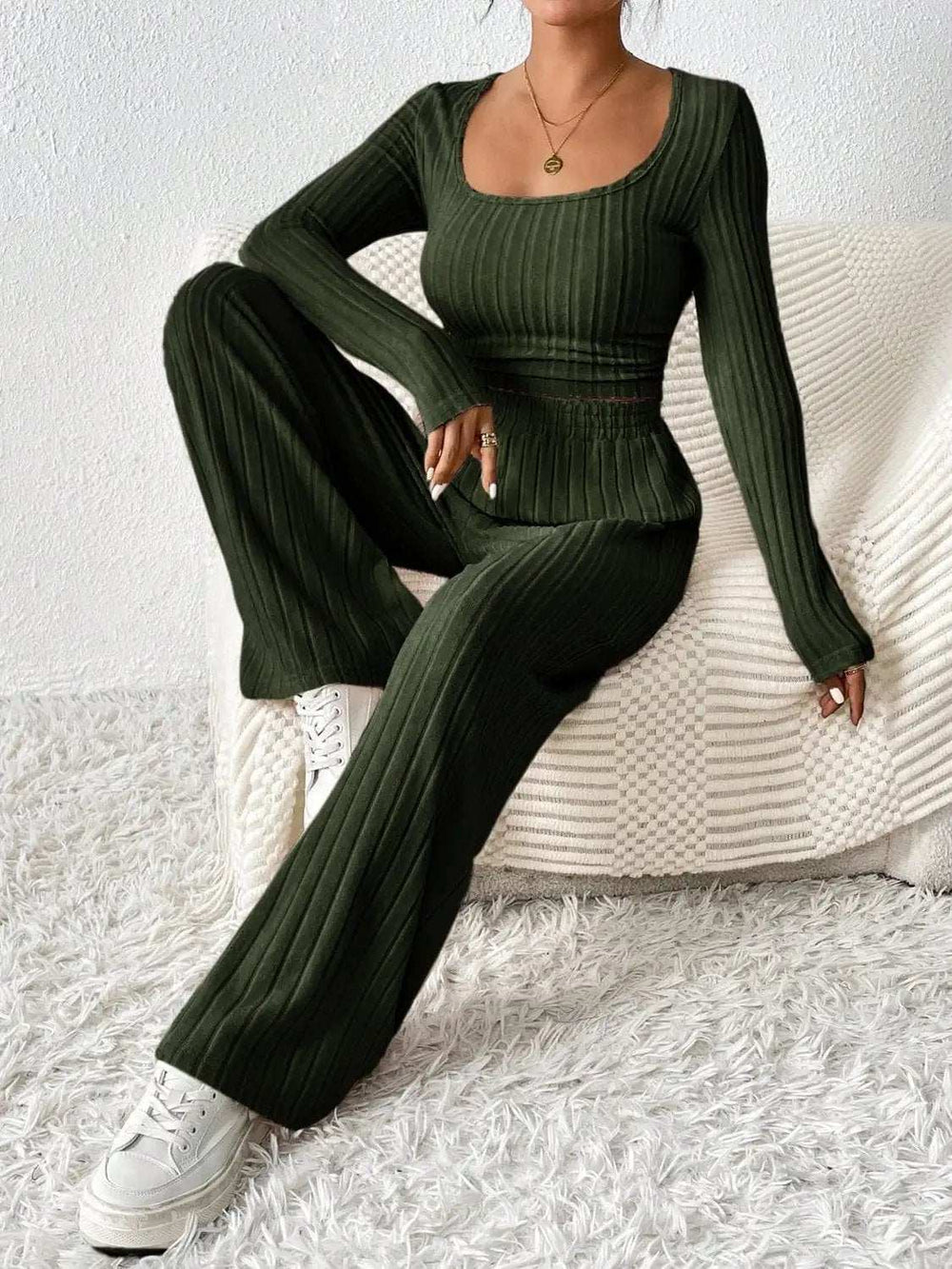 Scoop Neck Long Sleeve Top and Pants Set - Trendsi - Flyclothing LLC