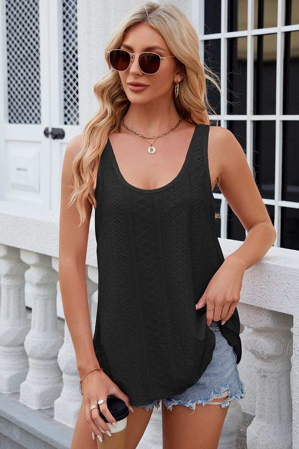 Eyelet Scoop Neck Wide Strap Tank - Trendsi - Flyclothing LLC
