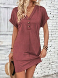 Quarter Button V-Neck Short Sleeve Dress - Trendsi - Flyclothing LLC