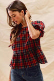 SO ME Christmas Holiday Plaid Ribbon Short Sleeves Top - Trendsi - Flyclothing LLC