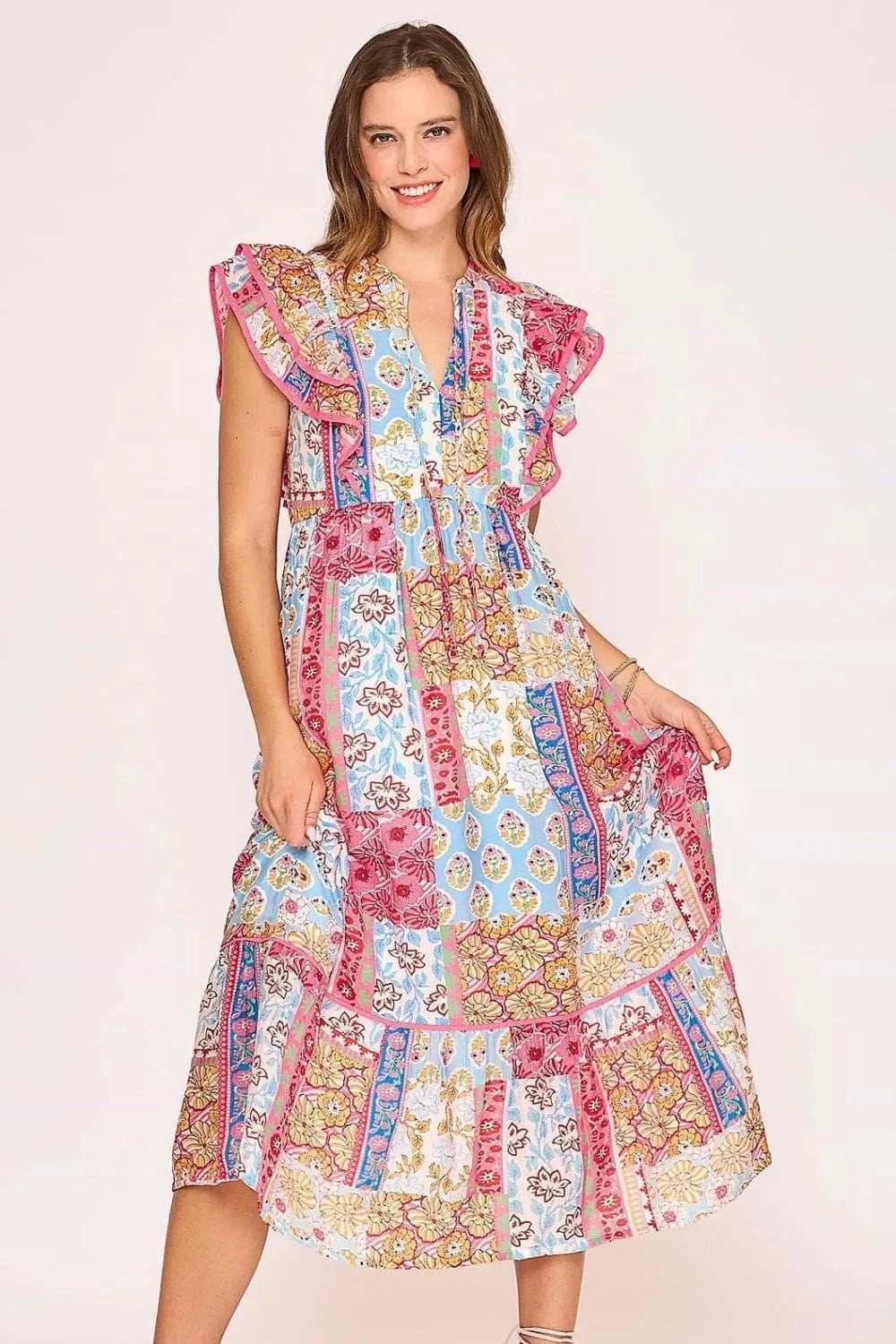 Umgee Full Size Tie Neck Double Layered Ruffle Sleeve Midi Dress Plus Size - Trendsi - Flyclothing LLC