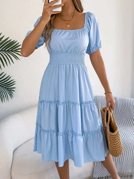Square Neck Short Puff Sleeve Dress - Trendsi - Flyclothing LLC