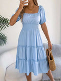 Square Neck Short Puff Sleeve Dress - Trendsi - Flyclothing LLC