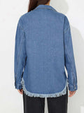 Raw Hem Pearl Trim Collared Neck Denim Top - Trendsi - Flyclothing LLC