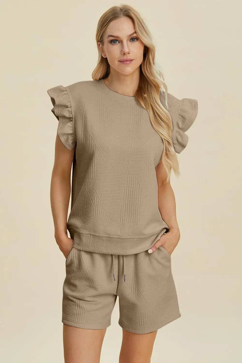 Double Take Full Size Texture Round Neck Ruffle Sleeve Top and Shorts Set - Trendsi - Flyclothing LLC
