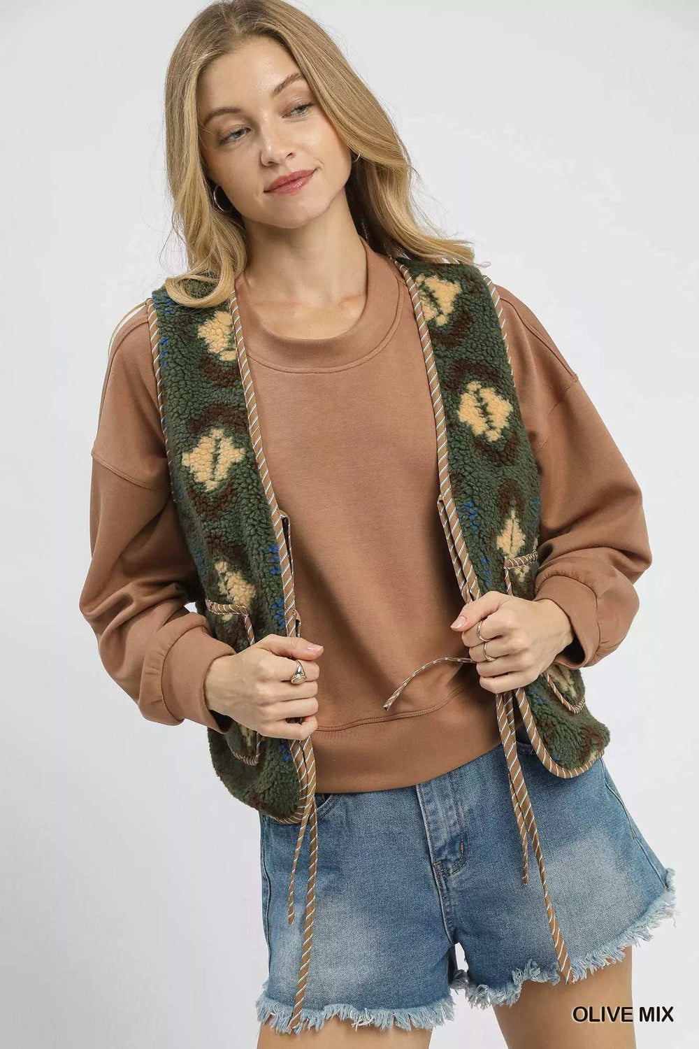 Umgee Mix Patterned Sherpa Tie-Front Vest - Trendsi - Flyclothing LLC