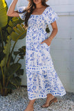 Smocked Printed Square Neck Puff Sleeve Dress - Trendsi - Flyclothing LLC