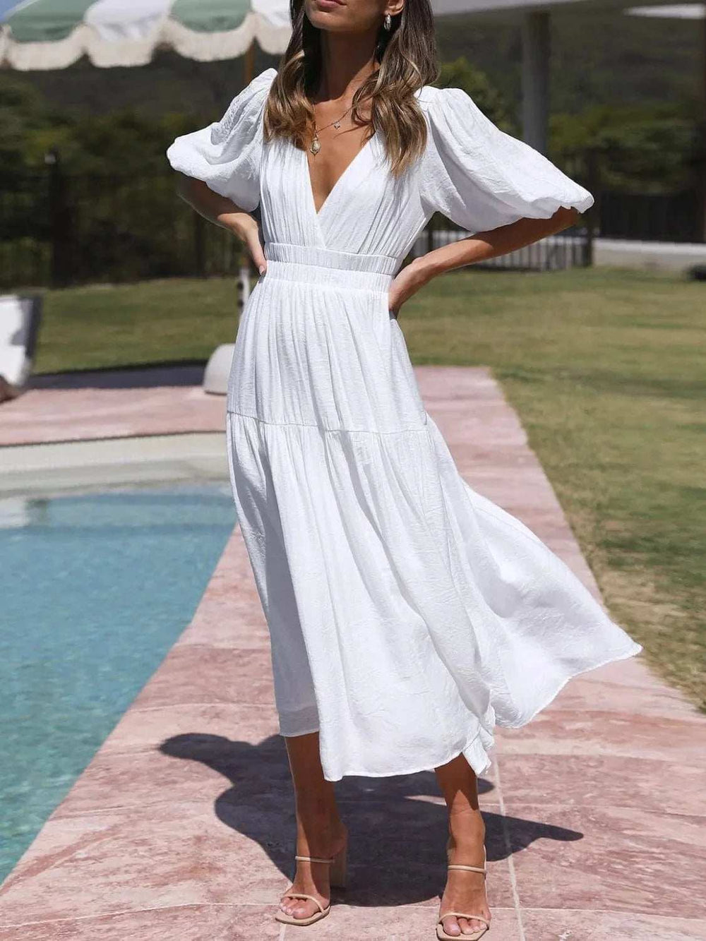 V-Neck Puff Sleeve Midi Dress - Trendsi - Flyclothing LLC