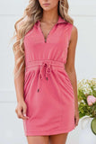 French Terry Zipped Collar Sleeveless Drawstring Waist Mini Dress - Trendsi - Flyclothing LLC