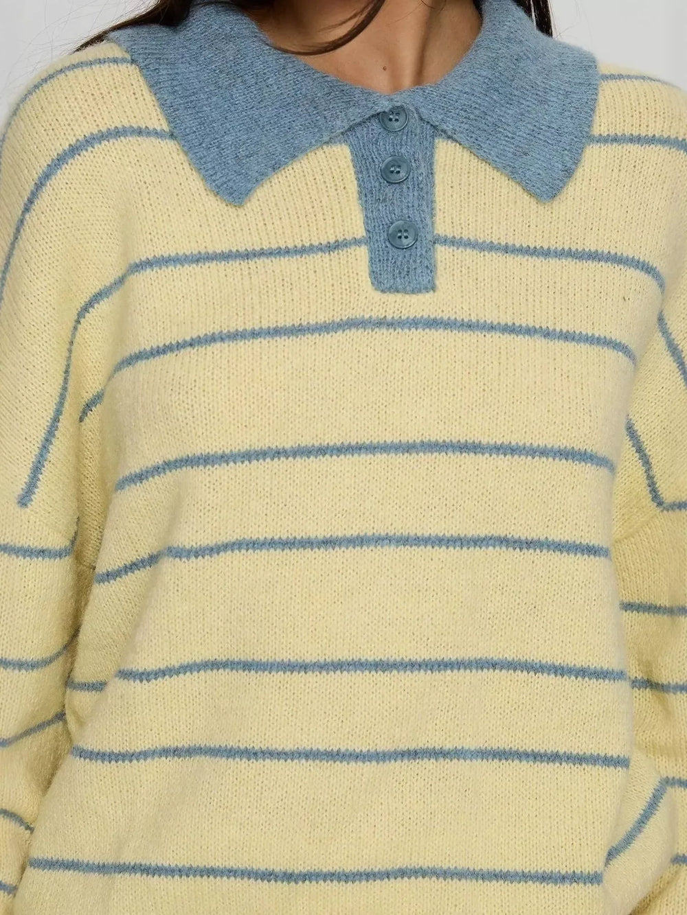 Striped Polo Collar Long Sleeve Sweater - Trendsi - Flyclothing LLC