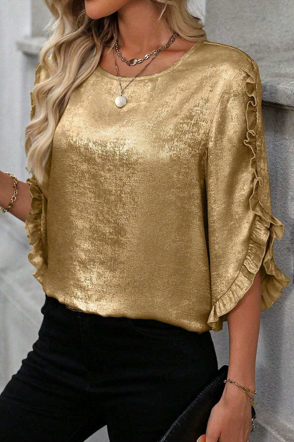Metallic Luster Round Neck Frill 3/4 Sleeve Blouse - Trendsi - Flyclothing LLC