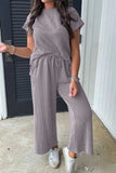 Corded Knit Short Sleeve T-Shirt and Wide Leg Pants Set - Trendsi - Flyclothing LLC