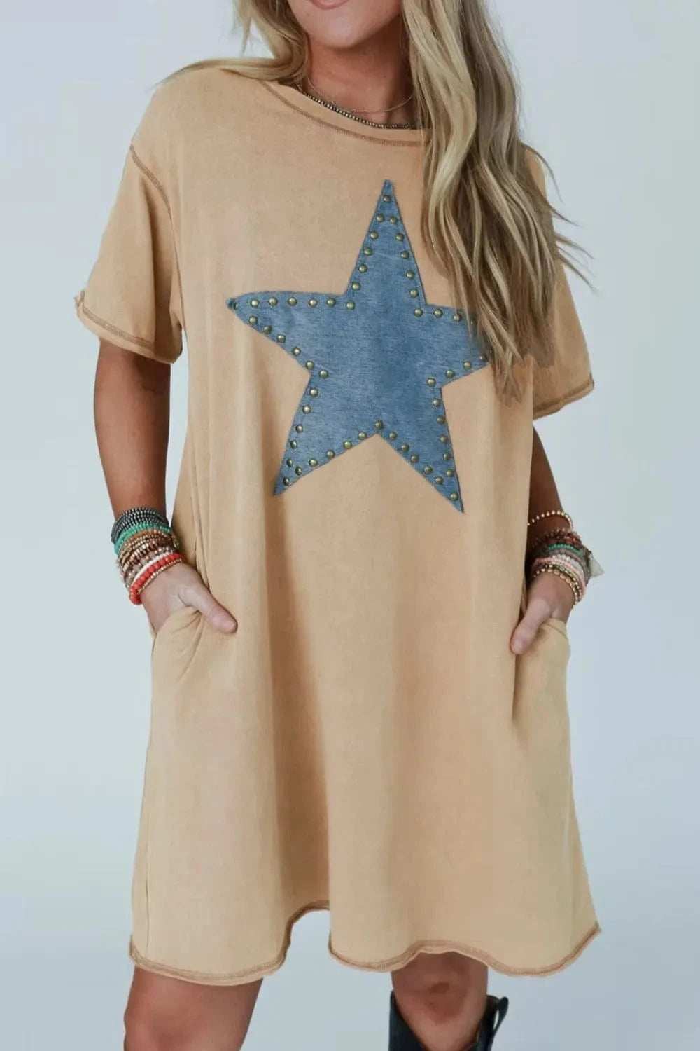 Mineral Wash Stud Beaded Star Pocketed T Shirt Dress - Trendsi - Flyclothing LLC