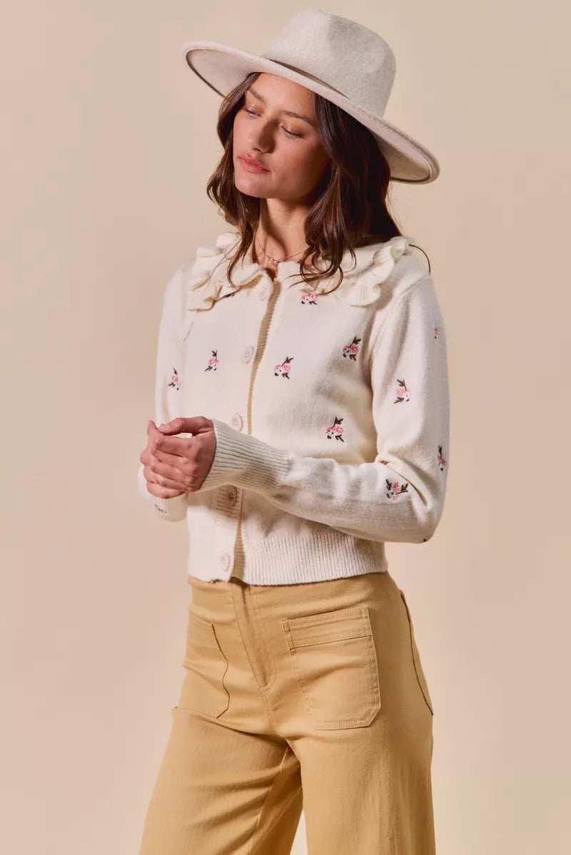 SO ME Collared Floral Embroidered Button Down Sweater Cardigan - Trendsi - Flyclothing LLC
