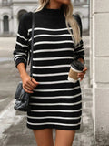 Striped Mock Neck Long Sleeve Mini Dress - Trendsi - Flyclothing LLC