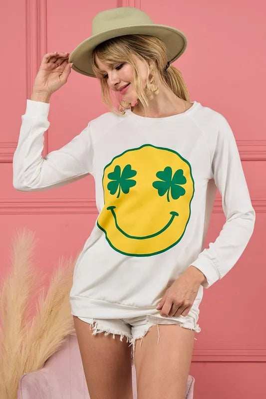 BiBi Smile Face Graphic Round Neck Long Sleeve Top - Trendsi - Flyclothing LLC