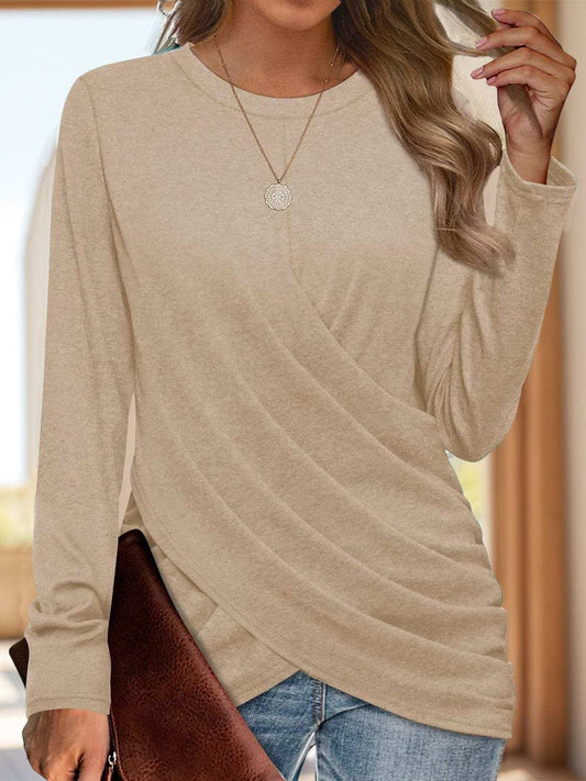 Ruched Round Neck Long Sleeve T-Shirt - Trendsi - Flyclothing LLC