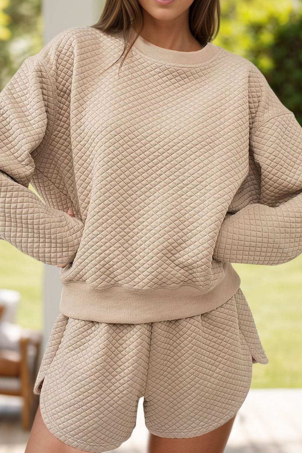Quilted Round Neck Long Sleeve Top and Shorts Set - Trendsi - Flyclothing LLC