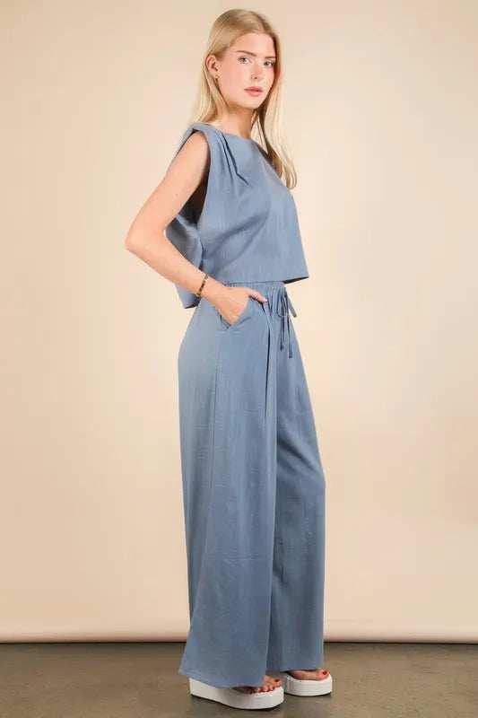 VERY J Solid Woven Top & Pants Set - Trendsi - Flyclothing LLC