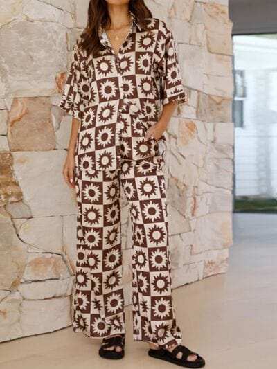 Printed Collared Neck Top and Pants Set - Trendsi - Flyclothing LLC