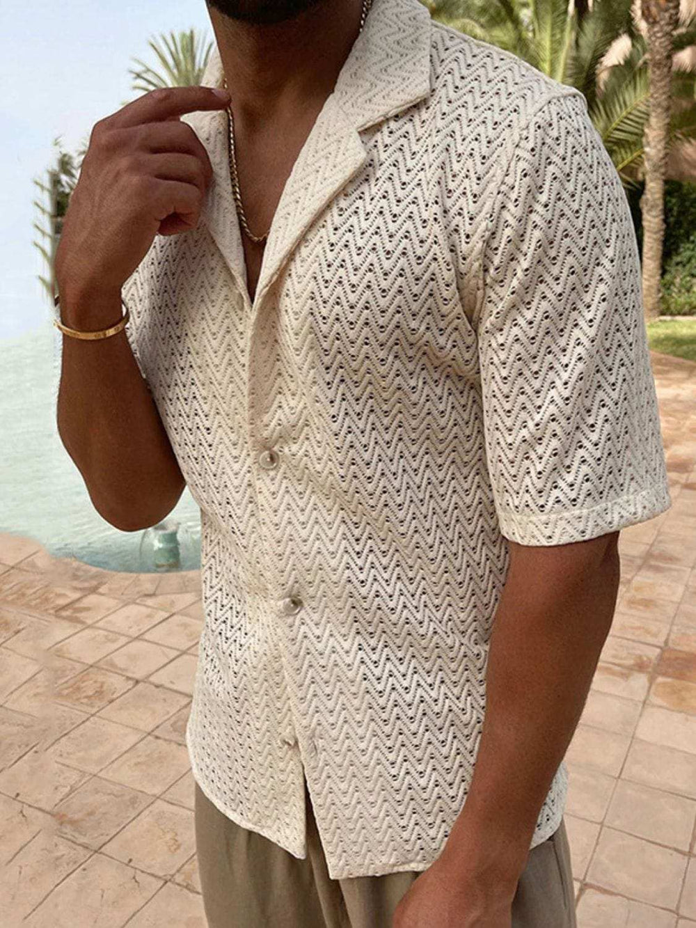 Men's Plus Size Herringbone Eyelet Button Down Knit Shirt - Trendsi - Flyclothing LLC