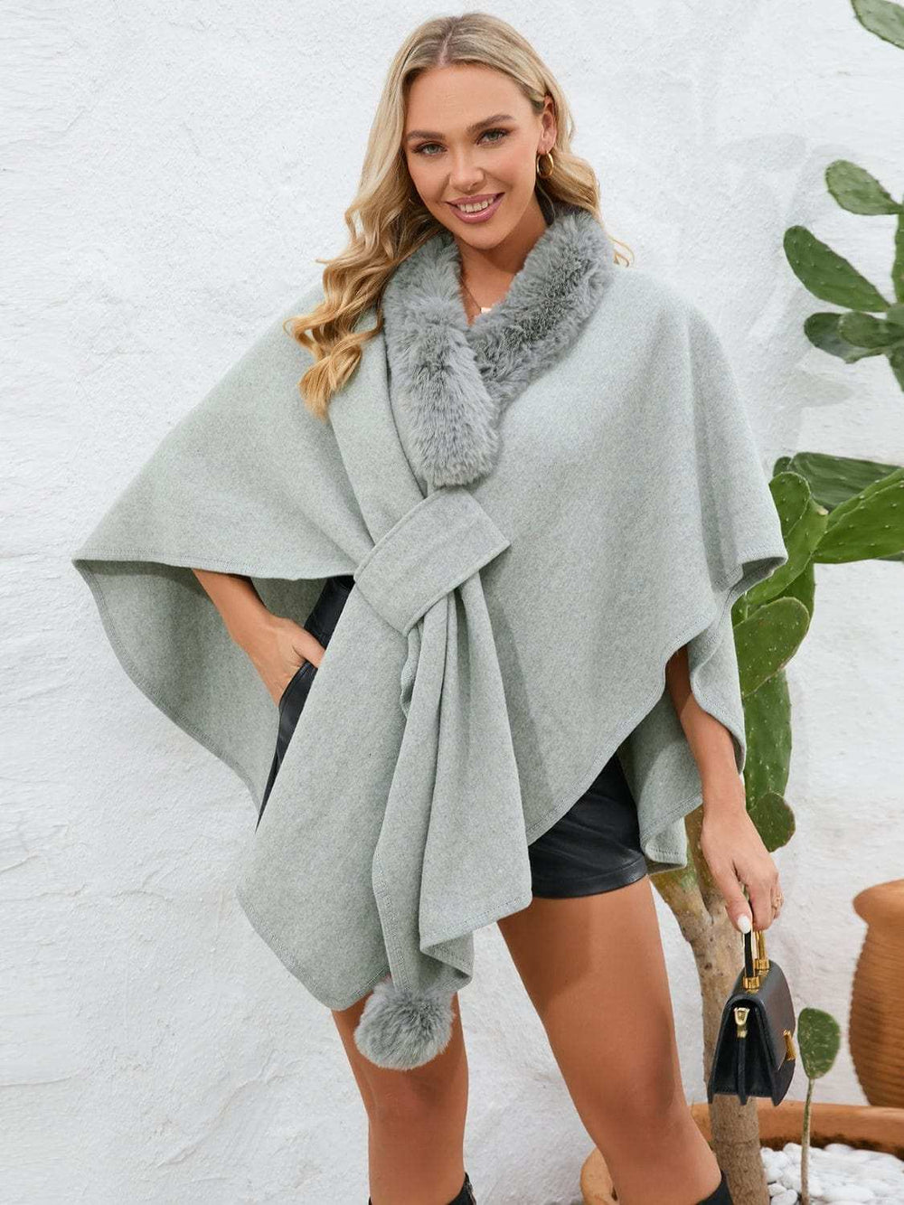 Fuzzy Trim Open Front Poncho - Trendsi - Flyclothing LLC