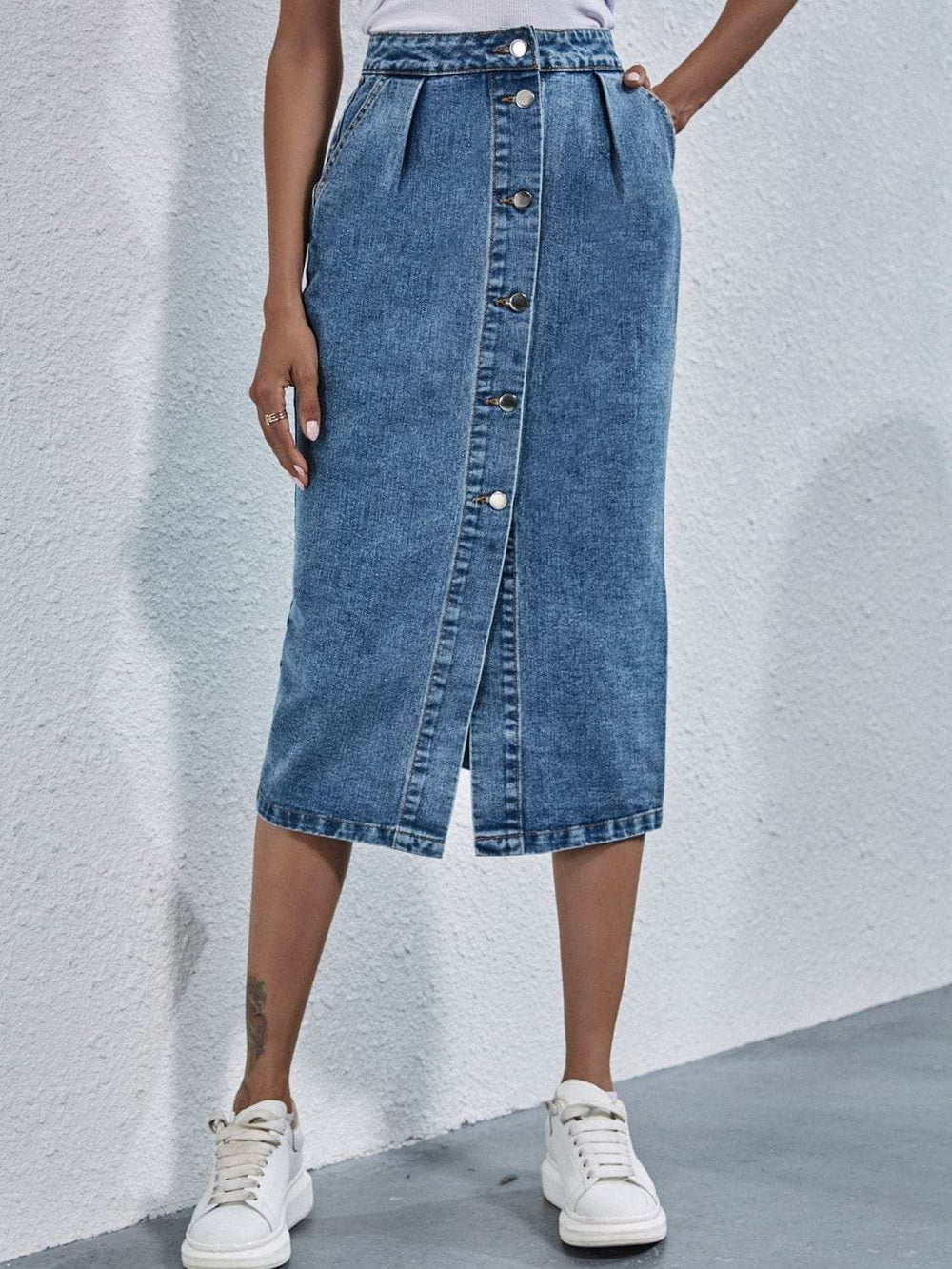 Buttoned Denim Skirt with Pockets - Trendsi - Flyclothing LLC