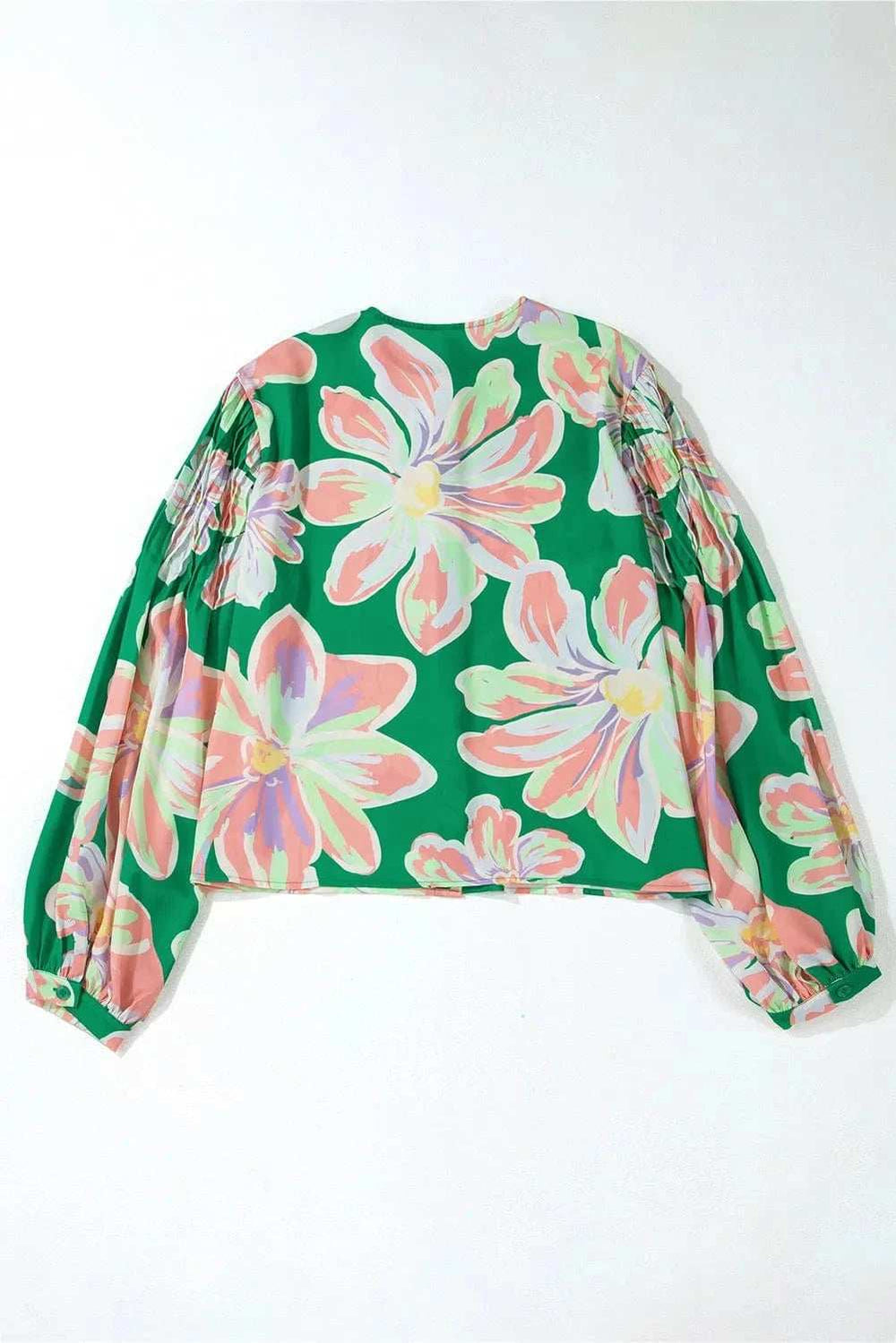 Floral Pleated Puff Sleeve Shirt - Trendsi - Flyclothing LLC