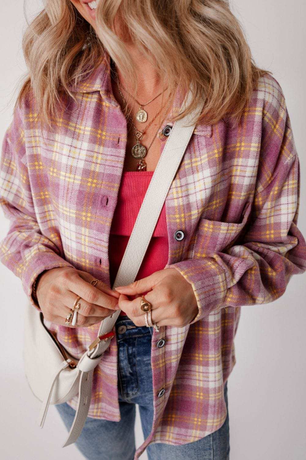 Plaid Collared Neck Button Up Shacket - Trendsi - Flyclothing LLC