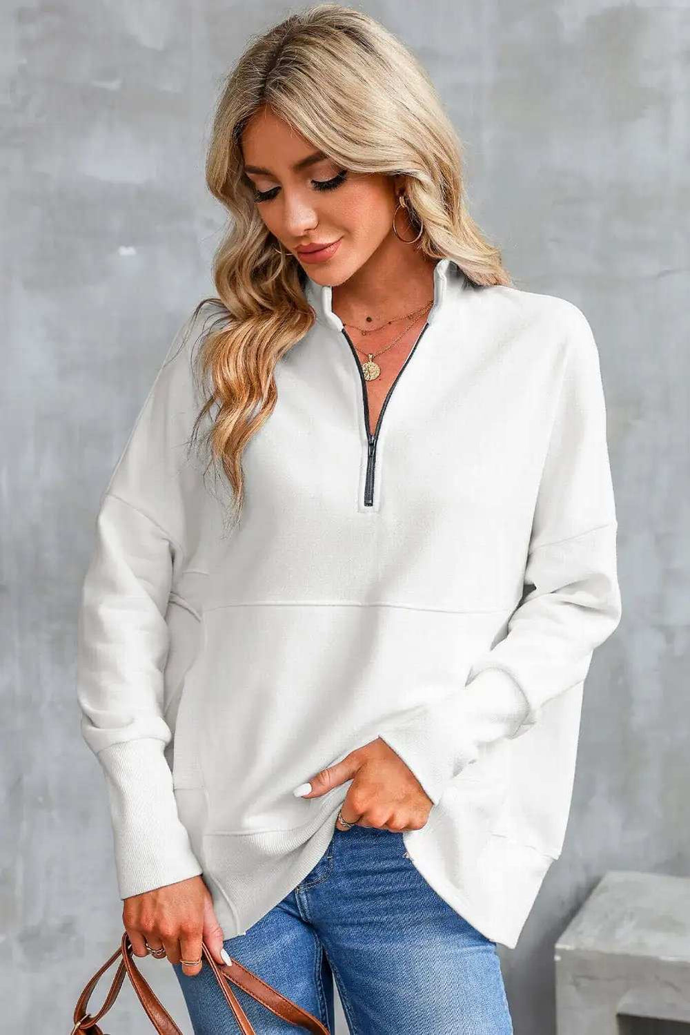 Half Zip Pocketed Dropped Shoulder Sweatshirt - Trendsi - Flyclothing LLC