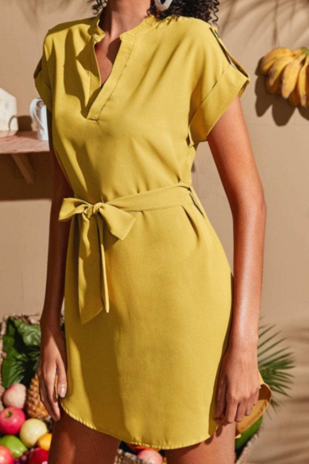 Tied Notched Short Sleeve Dress - Trendsi - Flyclothing LLC