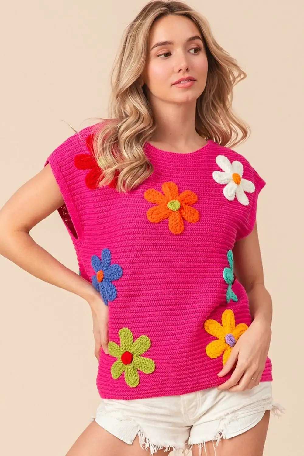 BiBi Flower Round Neck Cap Sleeve Knit Top - Trendsi - Flyclothing LLC