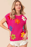 BiBi Flower Round Neck Cap Sleeve Knit Top - Trendsi - Flyclothing LLC