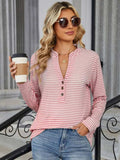 Striped Notched Long Sleeve T-Shirt - Trendsi - Flyclothing LLC