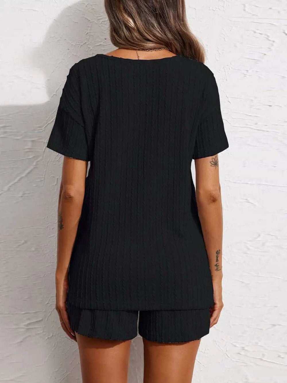 Notched Short Sleeve Top and Shorts Set - Trendsi - Flyclothing LLC